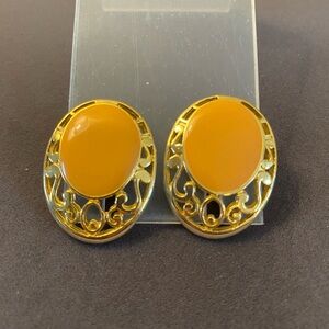 Gold Filigree Oval Earrings with Amber Enamel